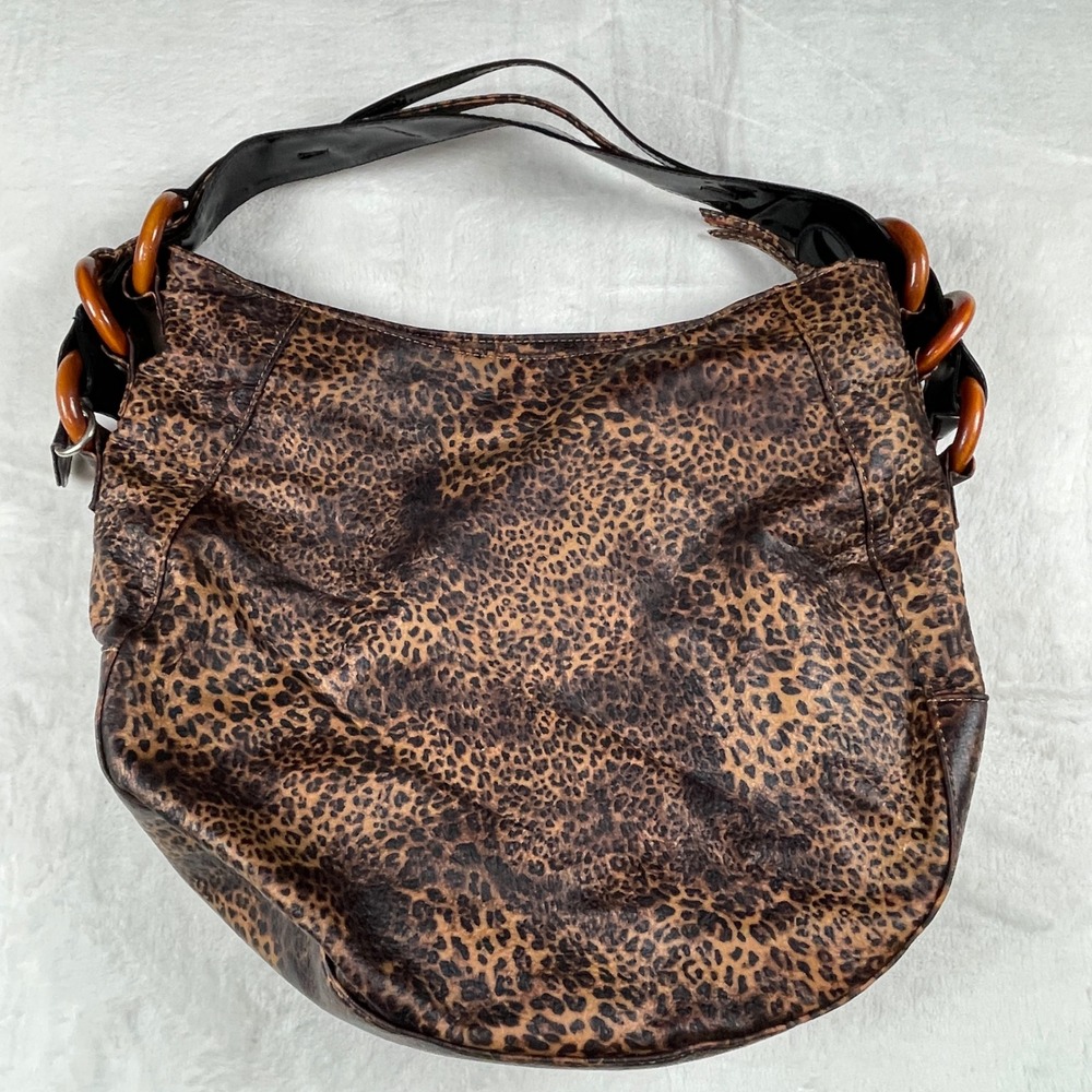 Kristine Accessories Leopard Print Hobo Bag Faux Wood Ring Strap Brown Black PVC